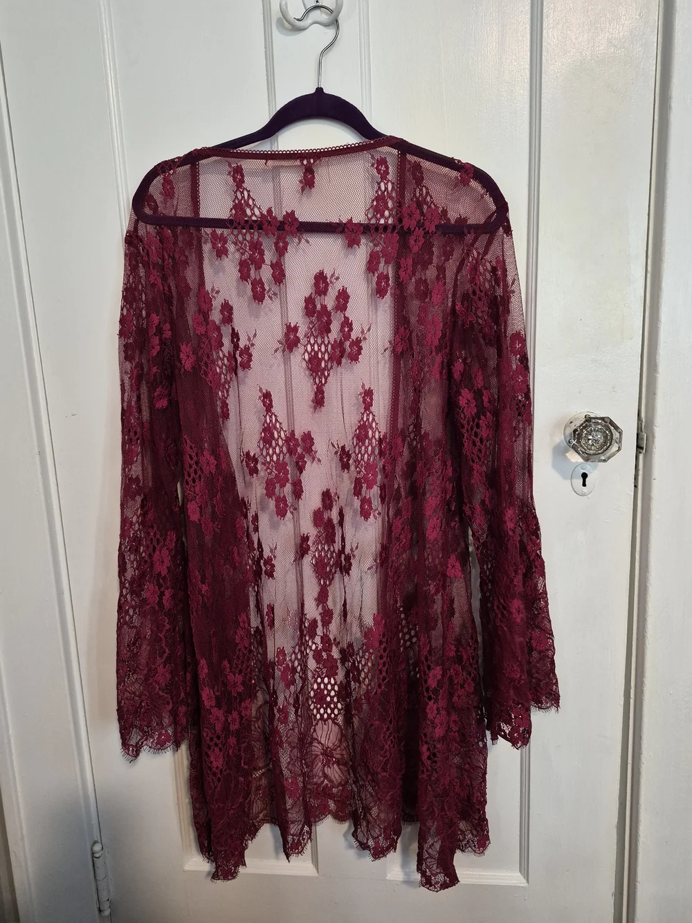 Sheer Burgundy Floral Lace Kimono Robe - Picture 4 of 4